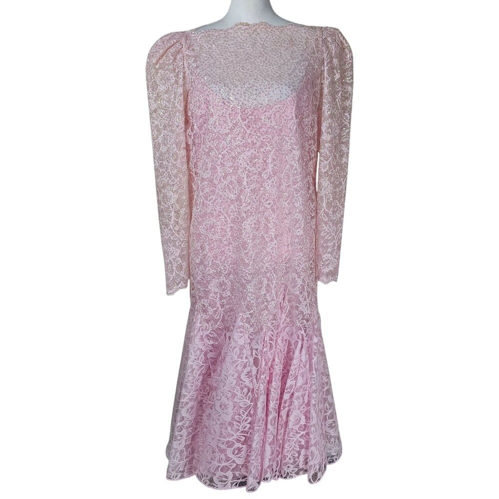 Vintage 80s Lillie Rubin Pink Sparkly Prom Dress 12 Lace 2 Piece Bling Ruffle